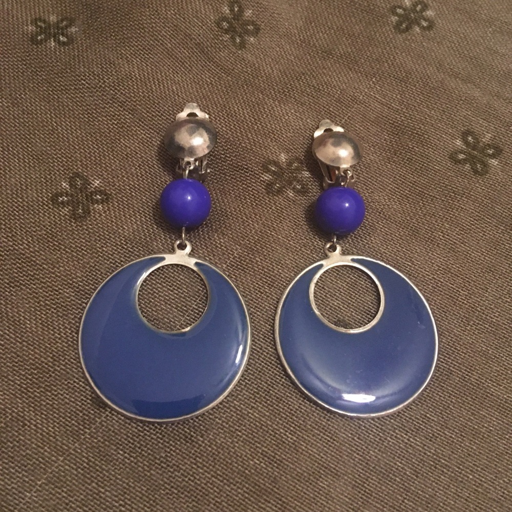 Vintage Blue Circle Clip On Dangle Earrings